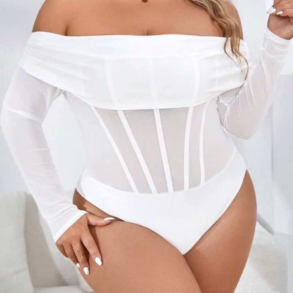 SXY Plus Off Shoulder Mesh Insert Bodysuit